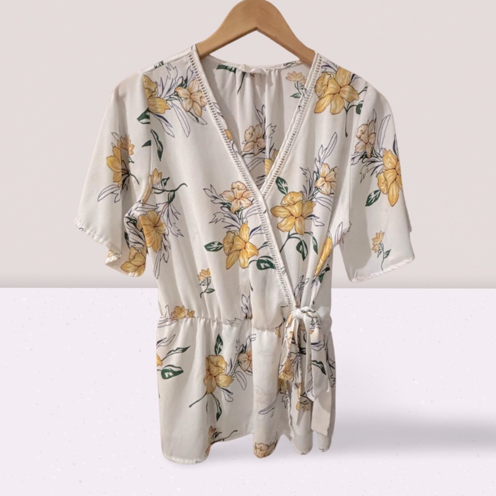 Yellow Floral Peplum-Style V-Neck Blouse